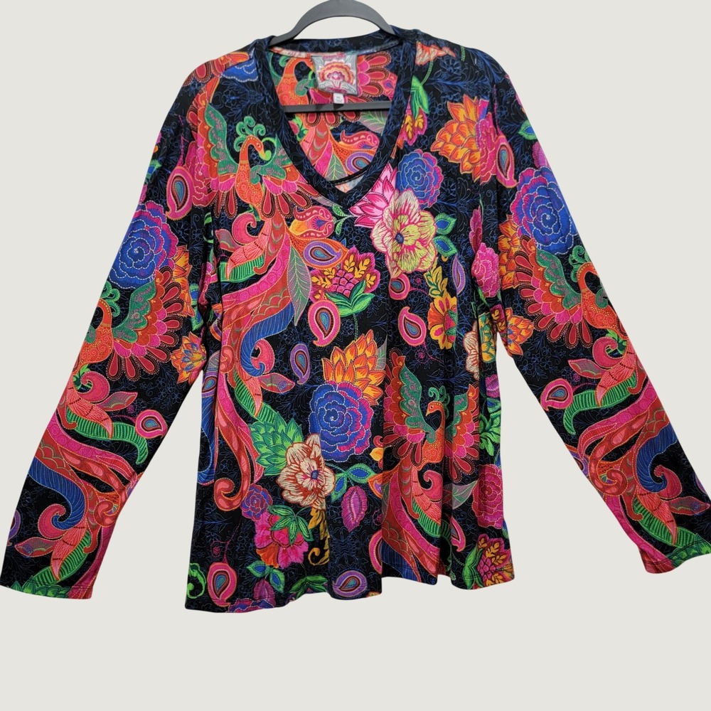 Johnny Was Women XXL Artsy Multicolor Phoenix Bird Floral V-Neck Long Sleeve